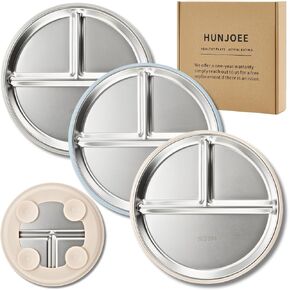 3 Pack Stainless Steel Kids Plates with Suction, Divided Toddler Plates with Silicone Sleeves for Baby Led Weaning Supplies, BPA-Free