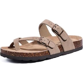 Litfun Women's Genuine Suede Sandals Arch Support Cork Footbed Summer Slide Sandals with Adjustable Buckle