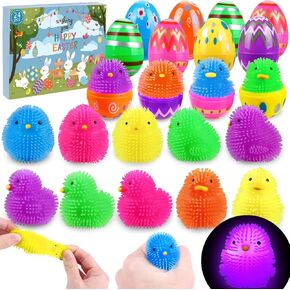 JOICEE 24 Pack Easter Eggs Filled LED Chick Duck Puffer Balls,Light Up Glowing Stress Relief Fidget Squeeze Sensory Soft Ball for Kids Easter Basket Stuffers Easter Eggs Hunt Gifts Party Favors