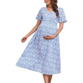 KOJOOIN Maternity V Neck Dress Ruffle Short Sleeve Summer A Line Midi Dress Baby Shower Photoshoot