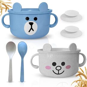 Unbreakable Bowls for Babies & Toddlers with Spoon and Plate, Eco-Friendly Wheat Straw, Stay Put Suction, BPA-Free, Microwave & Dishwasher Safe, Lightweight, No Odor or Soap Taste (Pink&White)