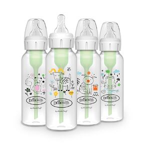 Dr. Brown's Natural Flow Anti-Colic Options+ Narrow Baby Bottle, 8 oz/250 mL, with Level 1 Slow Flow Nipple, BPA free, 0m+, Squirrel, Goat, Pig, Frog, 4-Pack
