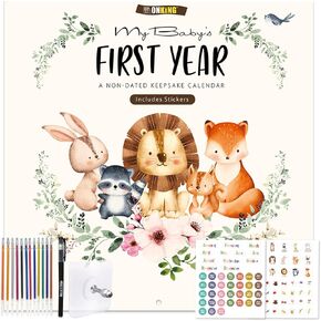 Baby's First Year Calendar with Stickers - 1st Year Tracker and Memory Book for Girls and Boys - Document and Cherish Milestones with Pocket and Drill Free Adhesive Hook