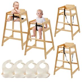 Wooden Baby High Chair, Neoflavie 4 Pcs Stack-able Solid Wood Feeding Seat with 3 Point Safety Harness and 4 Pcs Baby Bibs for Restaurant & Home Use - Natural