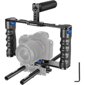 NEEWER Aluminum Alloy Camera Cage, Filmmaking Rig with Top Handle, Dual Grips & Arca Type Base, Compatible with Sony A7S III A7IV A6600 Canon EOS R5C R5 R6 DSLR/Mirrorless Cameras - VS107, Blue