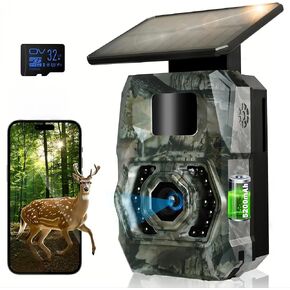 MAXDONE Solar Trail Camera 48MP 30FPS, WiFi Bluetooth Game Camera with Night Vision Motion Activated 0.1s Trigger, Built-in 5200mAh Rechargeable Battery, IP66 Waterproof Trail Cam with 32GB SD Card
