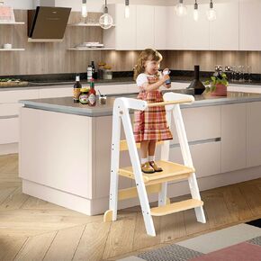 Mr IRONSTONE Foldable Toddler Step Stool, Toddler Kitchen Stool Helper with 3 Adjustable Height, Kids Step Stool Standing Tower for Counter Sink