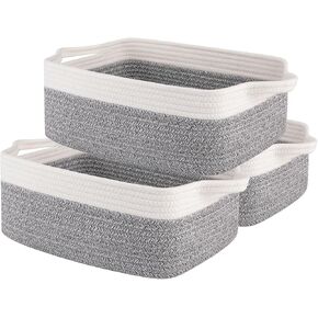 OIAHOMY 3 Pack Storage Baskets for Organizing, Woven Cotton Rope Basket for Shelves, Closet Organizer Bins with Handles, Rectangle Toy Organization, 13.78''×9.84''×5.5'', Brown & White