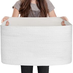 Extra Large Rectangle Storage Basket, 23.6" x 17" x 12" Black Blanket Basket Living Room, Big Cotton Rope Shoe Blanket Storage Bin, Woven Kids Dog Toy Bin Box Organizer, Wicker Laundry Basket