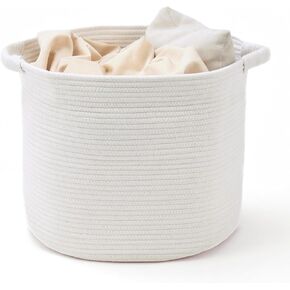 Woven Laundry Basket & Toy Organizer – 16" x 14" Cotton Rope Storage for Baby Laundry, Blankets, Stuffed Animals, Throws & Pillows – Decorative Basket for Living Room & Bedroom (White & Brown)