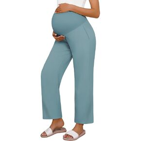 Huukeay Women's Cotton Linen Maternity Pants, High Waisted Lounge Pregnancy Pants Over The Belly Trousers with Pockets(Haze Blue,Medium)