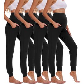 4 حزمة سروال الأمومة للمرأة مع الجيوب الحمل صالة الركض رضوط السراويل السراويل السراويل على البطن 4 أسود كبير