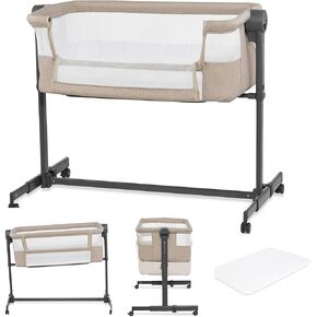 Kinderkraft Neste UP2 Bedside Crib 2 in 1, Co-Sleeper from Birth, Travel Crib for Newborn, Adjustable Height, Included Mattress Sheet, with 4 Wheels, Breathable Mesh, Beige