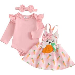 Easter Outfit Baby Girl Long Sleeve Romper Bunny Suspender Skirt with Headband