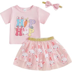 Kayotuas Toddler Baby Girl Easter Outfit Cute Bunny Embroidery Short Sleeve Tshirt Tulle Tutu Skirt Set Infant Easter Clothes