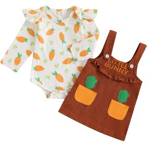 Newborn Baby Girl Easter Outfit Long Sleeve Romper Bodysuit Suspender Skirt Set Cute Baby Girl Spring Clothes