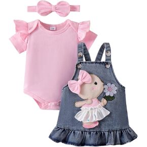 Baby Girl Clothes Newborn Baby Girl Romper Ruffle Short Sleeve Cute Bear Cartoon Jeans Skirt Outfit Set 0-18 Months