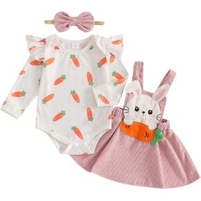 Murnouche Newborn Baby Girl Easter Outfit Long Sleeve Romper Bunny Skirt Headband Easter Dress 3Pcs Set