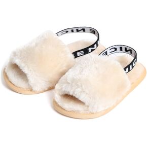 QIETION Girl's Soft Plush Lightweight House Slippers Non Slip Cross Band Slip on Open Toe Cozy Indoor Outdoor Slippers X102 Khaki 11CM