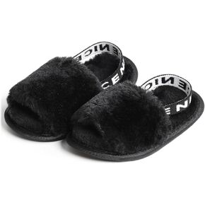 QIETION Girl's Soft Plush Lightweight House Slippers Non Slip Cross Band Slip on Open Toe Cozy Indoor Outdoor Slippers X102 Black 12CM