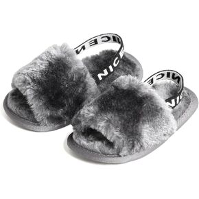 QIETION Girl's Soft Plush Lightweight House Slippers Non Slip Cross Band Slip on Open Toe Cozy Indoor Outdoor Slippers X102 Grey 13CM