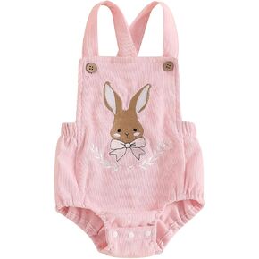 Infant Baby Boy Girl Easter Outfit Embroidery Bunny Sleeveless Romper Corduroy Overalls Newborn Easter Clothes