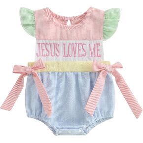 My First Easter Baby Girl Outfit Striped Bow Sleeveless Bubble Onesie Romper Summer Newborn Infant Clothes