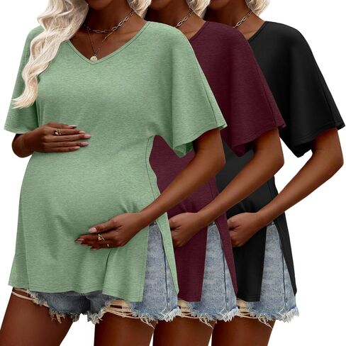 Ficerd 3 Pack Maternity Shirts Cotton V Neck Mama Tee Dolman Sleeve Side Split Pregnancy Clothes Summer Oversized Tops in Saudi Arabia