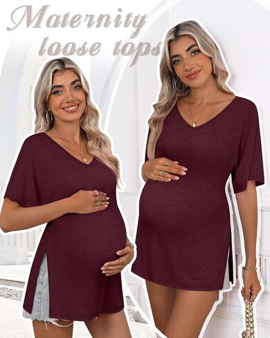 Ficerd 3 Pack Maternity Shirts Cotton V Neck Mama Tee Dolman Sleeve Side Split Pregnancy Clothes Summer Oversized Tops in Saudi Arabia