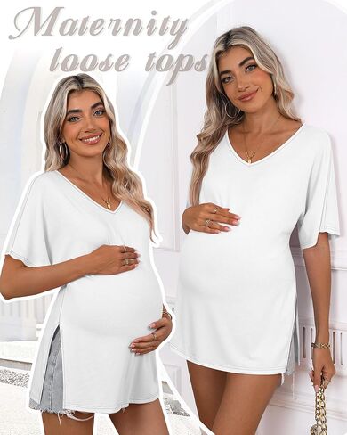 Ficerd 3 Pack Maternity Shirts Cotton V Neck Mama Tee Dolman Sleeve Side Split Pregnancy Clothes Summer Oversized Tops in Kuwait