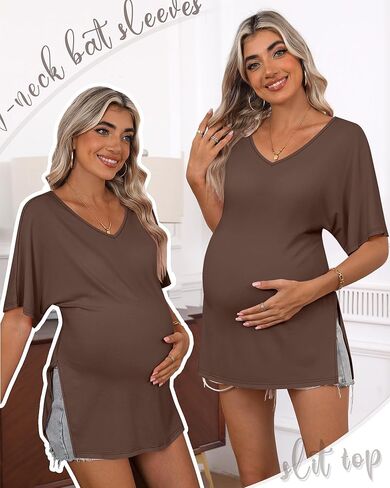 Ficerd 3 Pack Maternity Shirts Cotton V Neck Mama Tee Dolman Sleeve Side Split Pregnancy Clothes Summer Oversized Tops in Kuwait