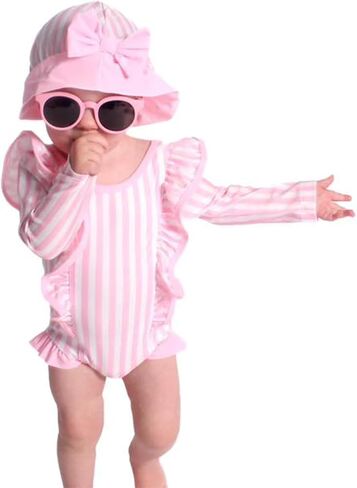 Hintina Baby Girl قطعة واحدة طويلة الأكمام الكشكش ملابس السباحة مع قبعة in Kuwait