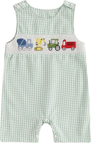Baby Boy Summer Clothes Sleeveless Embroidery Dinosaur Striped Retro Romper Jumpsuit Smocked Shortall in Kuwait