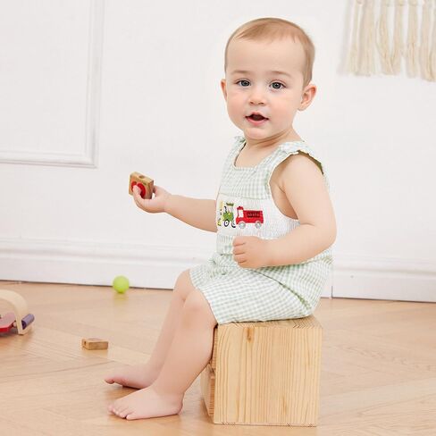 Baby Boy Summer Clothes Sleeveless Embroidery Dinosaur Striped Retro Romper Jumpsuit Smocked Shortall in Kuwait