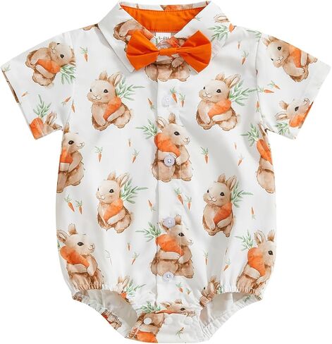 Baby Boy Easter Outfit Bunny Bunny/Carrot/Chick Print Dress Shirt Bodysuit Lapel Button Short Sleeve Romper Top in Saudi Arabia
