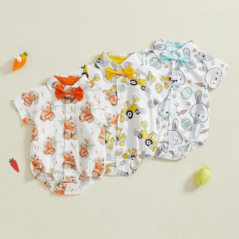 Baby Boy Easter Outfit Bunny Bunny/Carrot/Chick Print Dress Shirt Bodysuit Lapel Button Short Sleeve Romper Top in Saudi Arabia