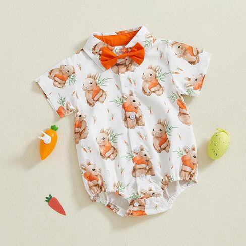 Baby Boy Easter Outfit Bunny Bunny/Carrot/Chick Print Dress Shirt Bodysuit Lapel Button Short Sleeve Romper Top in Saudi Arabia