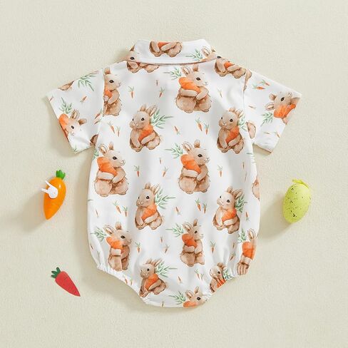 Baby Boy Easter Outfit Bunny Bunny/Carrot/Chick Print Dress Shirt Bodysuit Lapel Button Short Sleeve Romper Top in Saudi Arabia
