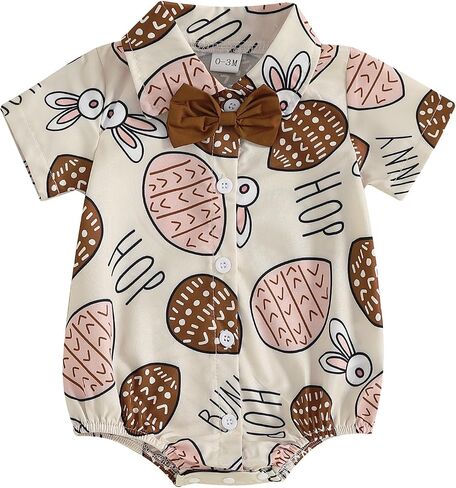 Baby Boy Easter Outfit Bunny Bunny/Carrot/Chick Print Dress Shirt Bodysuit Lapel Button Short Sleeve Romper Top in Saudi Arabia