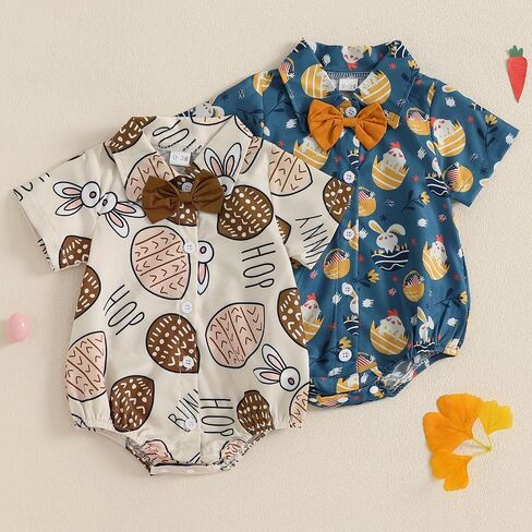 Baby Boy Easter Outfit Bunny Bunny/Carrot/Chick Print Dress Shirt Bodysuit Lapel Button Short Sleeve Romper Top in Saudi Arabia