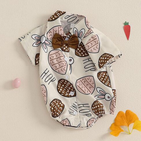 Baby Boy Easter Outfit Bunny Bunny/Carrot/Chick Print Dress Shirt Bodysuit Lapel Button Short Sleeve Romper Top in Saudi Arabia