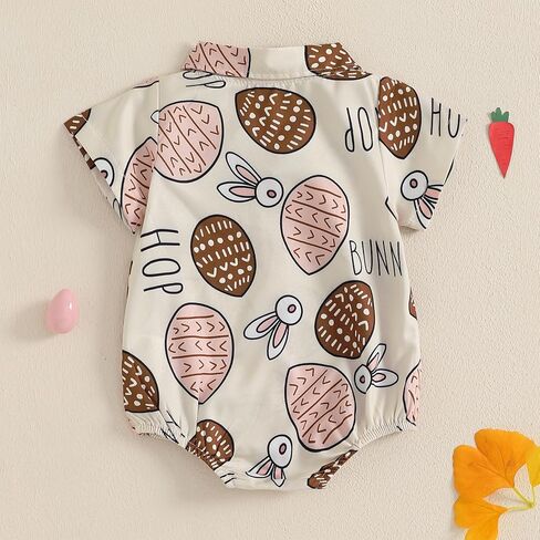 Baby Boy Easter Outfit Bunny Bunny/Carrot/Chick Print Dress Shirt Bodysuit Lapel Button Short Sleeve Romper Top in Saudi Arabia