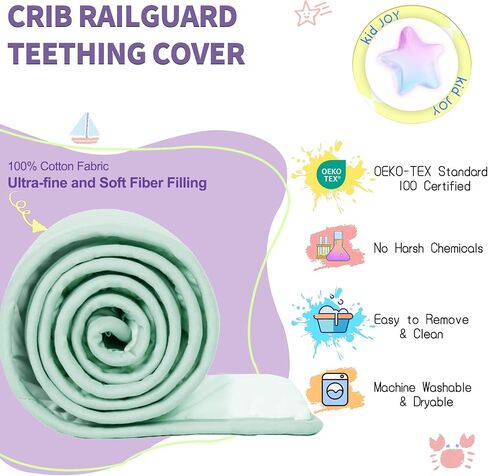 Crib Rail Teething Cover(3 pcs), Soft Anti-Collision Strip Corner Cover in Cotton Fabrics, Protect Baby Teeth, Rail Edge Protector Strip Fits 52" x 28" Full Size Crib, Green in Saudi Arabia