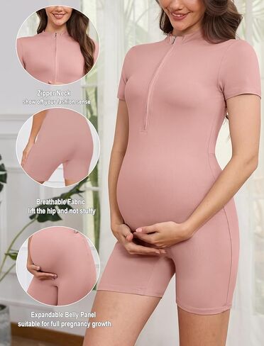 Women's Maternity Romper Zip Up Short Sleeve Pregnancy Workout Jumpsuit Bodysuit Shapewear in Kuwait