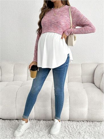 قمم تمريض الأمومة النسائية المكيميتشية طباعة مخططة طباعة طويلة الأكمام مزدوجة طبقة peplum قمم وردية متوسطة in Kuwait
