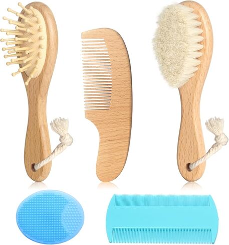 Wooden Natural Goat Bristle Brush and Cradle Cap Comb Set - 5 in 1 Baby Grooming Kit for Newborns, Toddlers, Boys, and Girls (Blue) in Kuwait