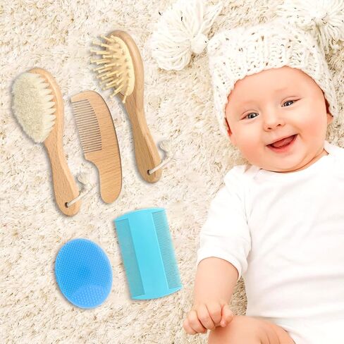 Wooden Natural Goat Bristle Brush and Cradle Cap Comb Set - 5 in 1 Baby Grooming Kit for Newborns, Toddlers, Boys, and Girls (Blue) in Kuwait