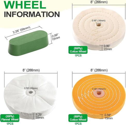 6PCS 8 Inch Polishing Wheels Kit for Bench Grinder, Include 5/8" Arbor Hole White Cotton Polish Wheels(50Ply), Yellow Cotton Wheel(40Ply), Soft Flannel Buffing Wheel(30Ply)& 3 Polishing Compound Set in Kuwait