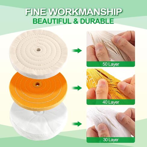 6PCS 8 Inch Polishing Wheels Kit for Bench Grinder, Include 5/8" Arbor Hole White Cotton Polish Wheels(50Ply), Yellow Cotton Wheel(40Ply), Soft Flannel Buffing Wheel(30Ply)& 3 Polishing Compound Set in Kuwait