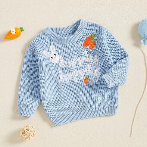 Baby Girl Boy Easter Outfit Bunny Knit Sweater Crewneck Long Sleeve Embroidered Sweater Cute Toddler Spring Clothes in Kuwait
